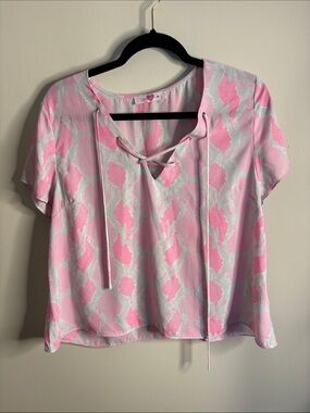 Buddy Love Pink Patterned Lace-Up Short Sleeve Blouse